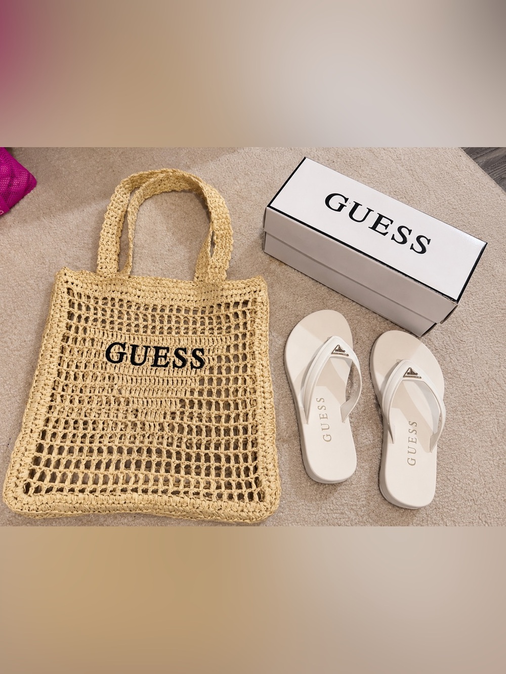 GUESS White Platform Flip Flop Sandals Gold Triangle Logo and tote bag